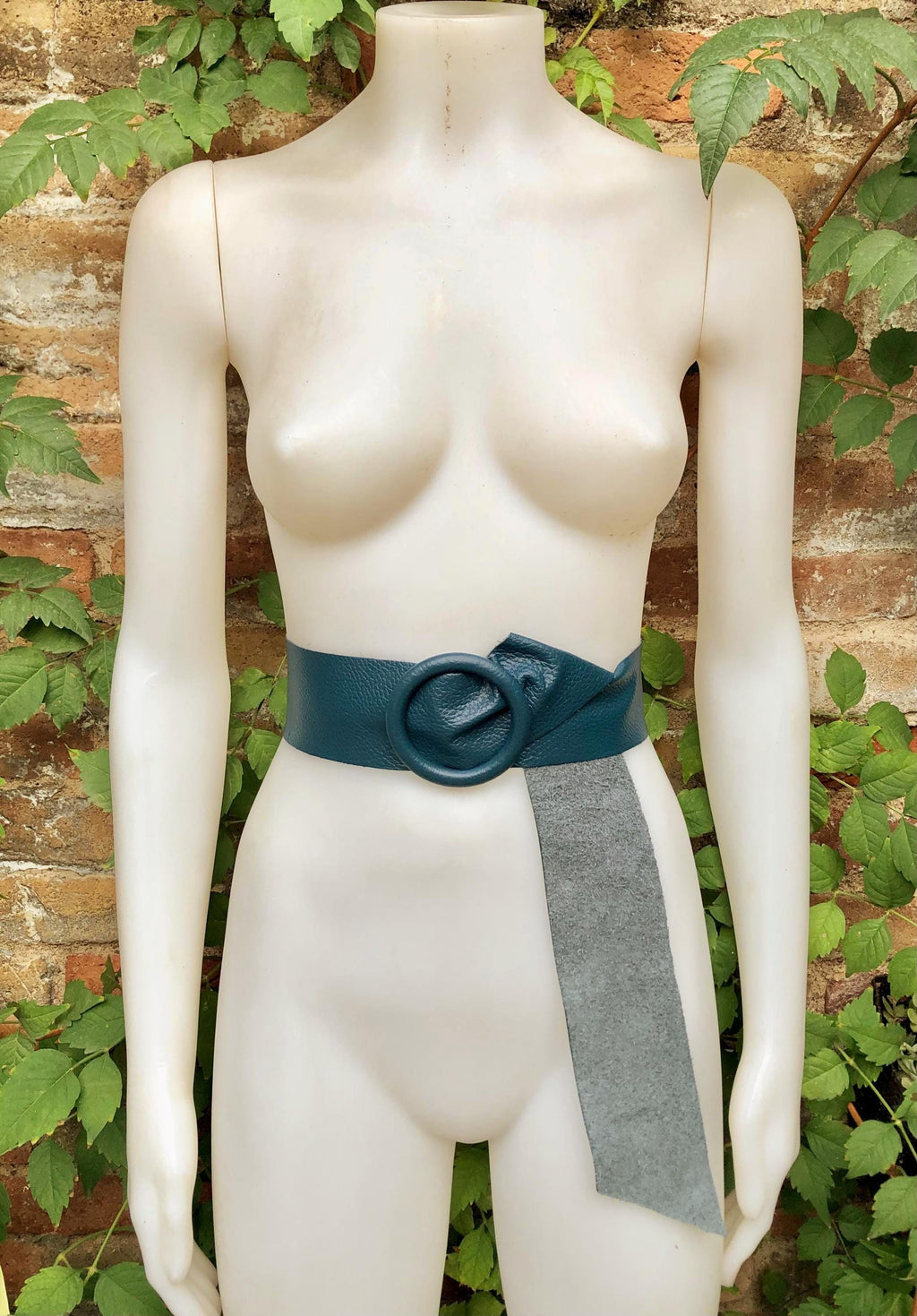 Teal blue leather waist belt. Large round buckle. Soft leather belt in green - blue. Genuine leather teal dress belt. Teal wide waist belt