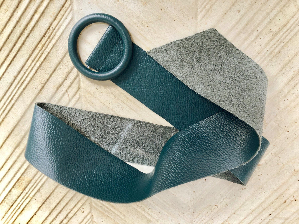 Teal blue leather waist belt. Large round buckle. Soft leather belt in green - blue. Genuine leather teal dress belt. Teal wide waist belt
