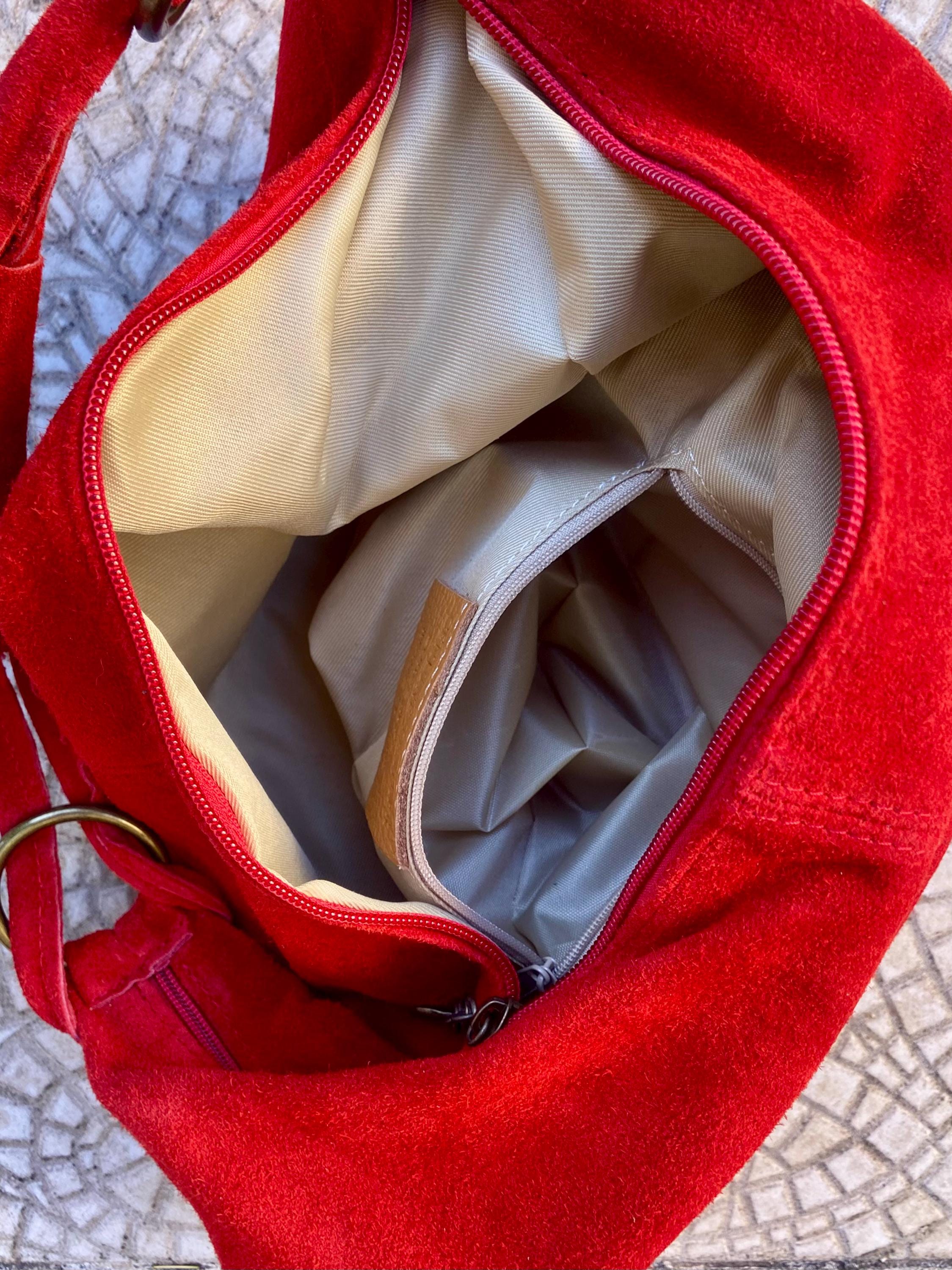RED suede slouchy bag with ZIPPER + lining. Soft natural suede shopper, genuine leather bag. RED suede purse . Hobo suede bag