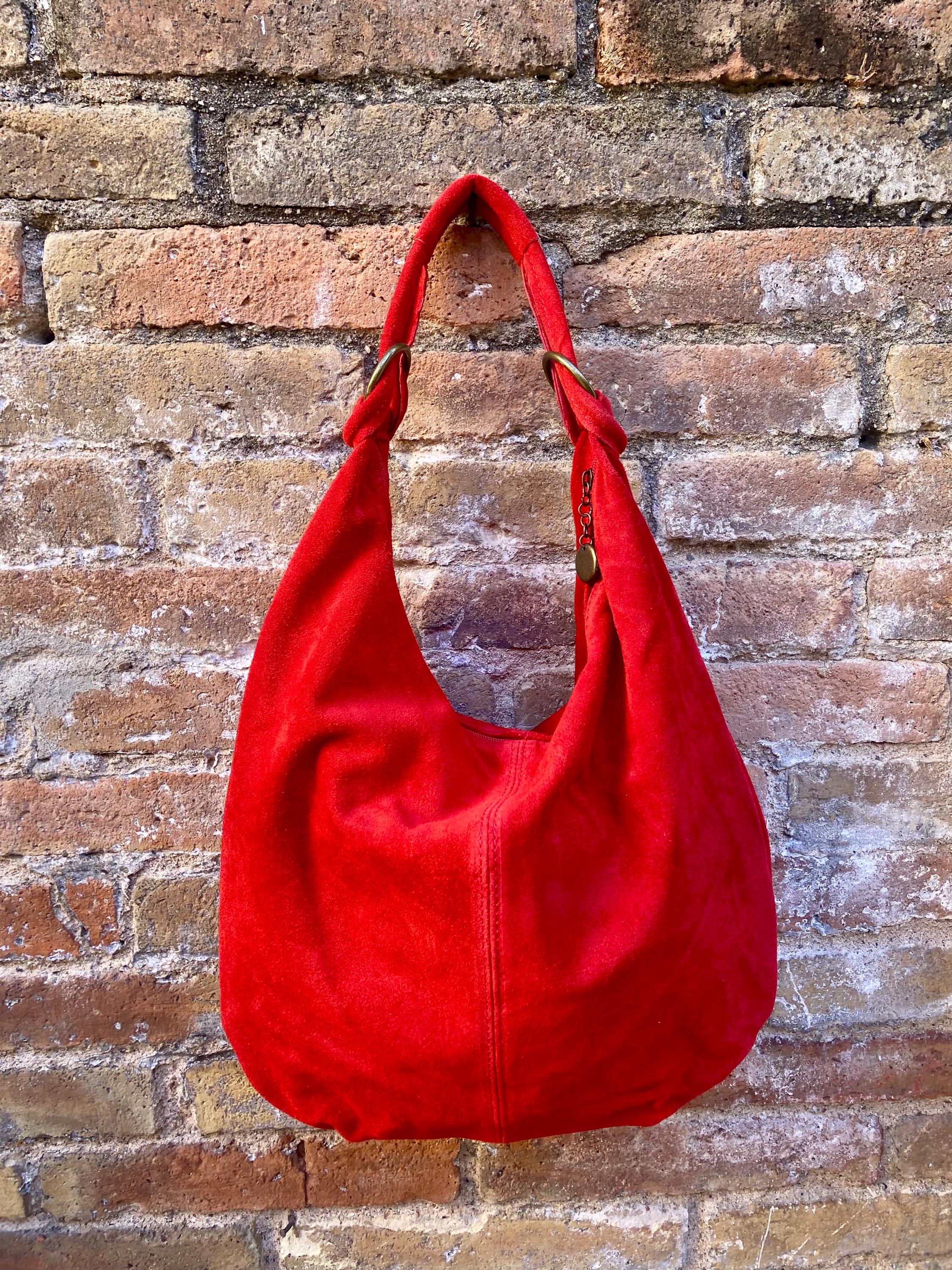 RED suede slouchy bag with ZIPPER + lining. Soft natural suede shopper, genuine leather bag. RED suede purse . Hobo suede bag