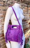 PURPLE crossbody fringed bag. Purple BOHO suede leather bag with FRINGES. Purple soft genuine suede leather. Purple suede purse.