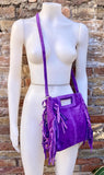 PURPLE crossbody fringed bag. Purple BOHO suede leather bag with FRINGES. Purple soft genuine suede leather. Purple suede purse.