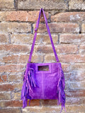 PURPLE crossbody fringed bag. Purple BOHO suede leather bag with FRINGES. Purple soft genuine suede leather. Purple suede purse.