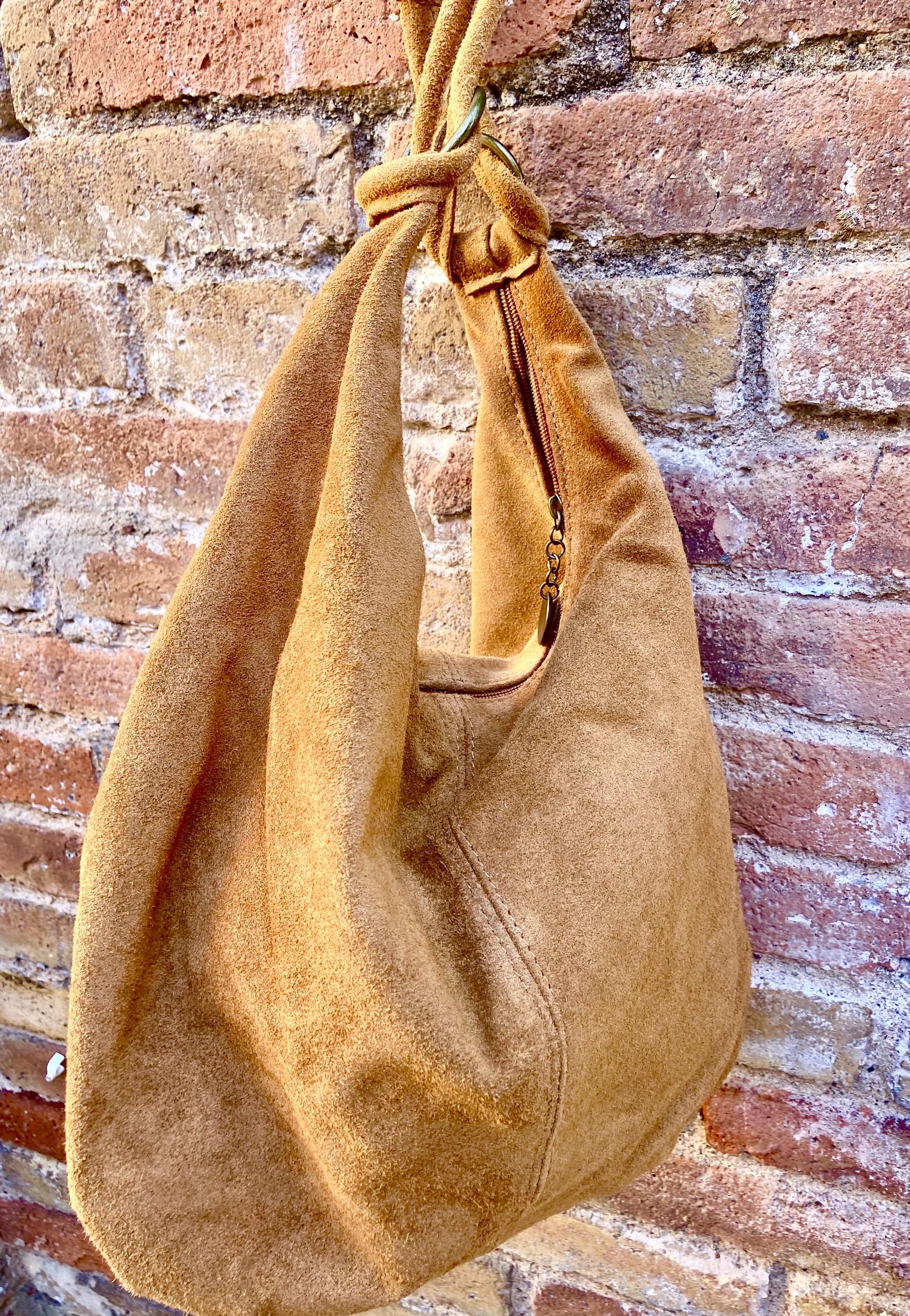 Camel brown suede slouchy bag with ZIPPER + lining. Soft natural suede shopper, genuine leather bag. Light brown suede purse, Hobo suede bag
