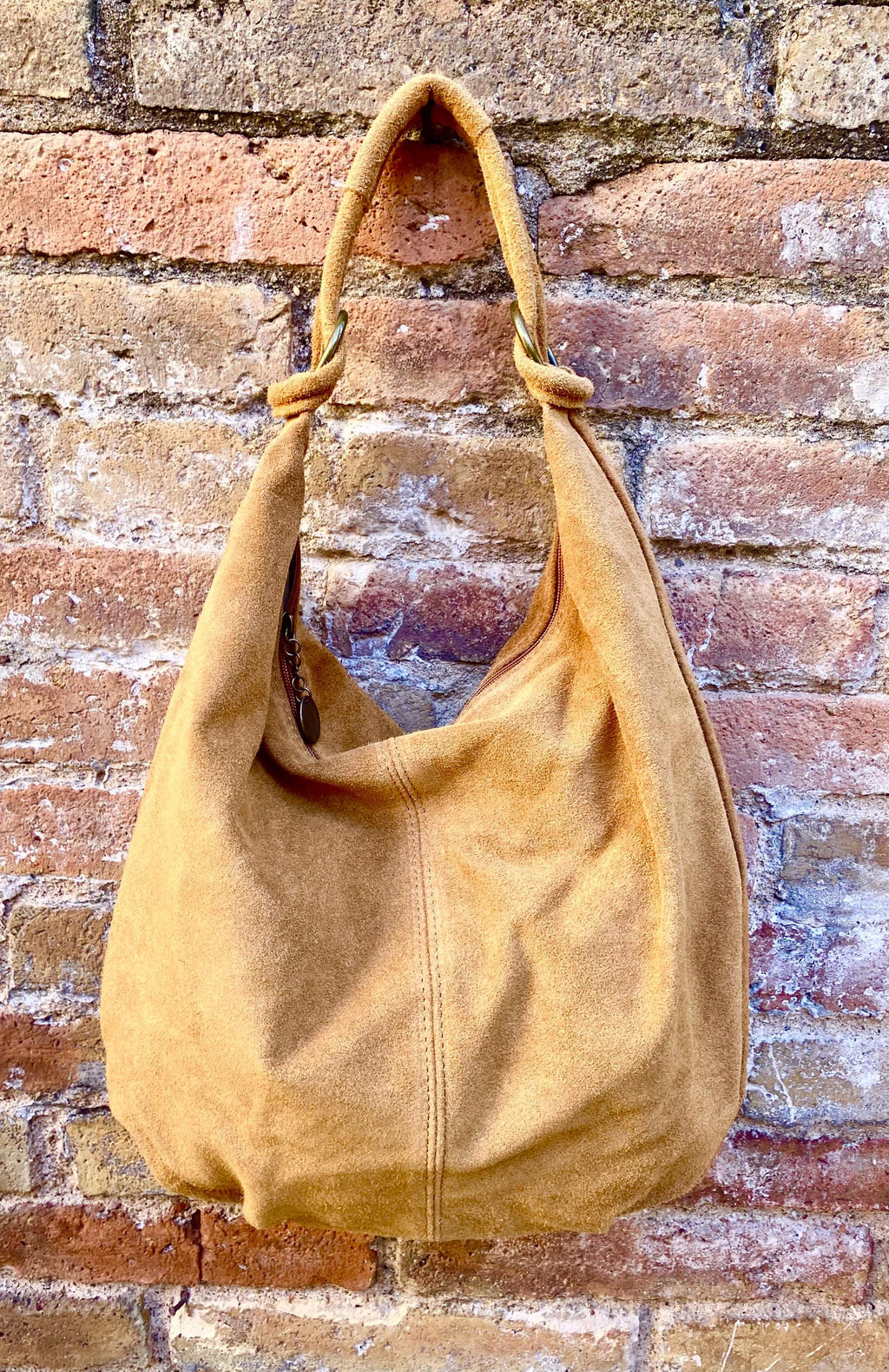Camel brown suede slouchy bag with ZIPPER + lining. Soft natural suede shopper, genuine leather bag. Light brown suede purse, Hobo suede bag