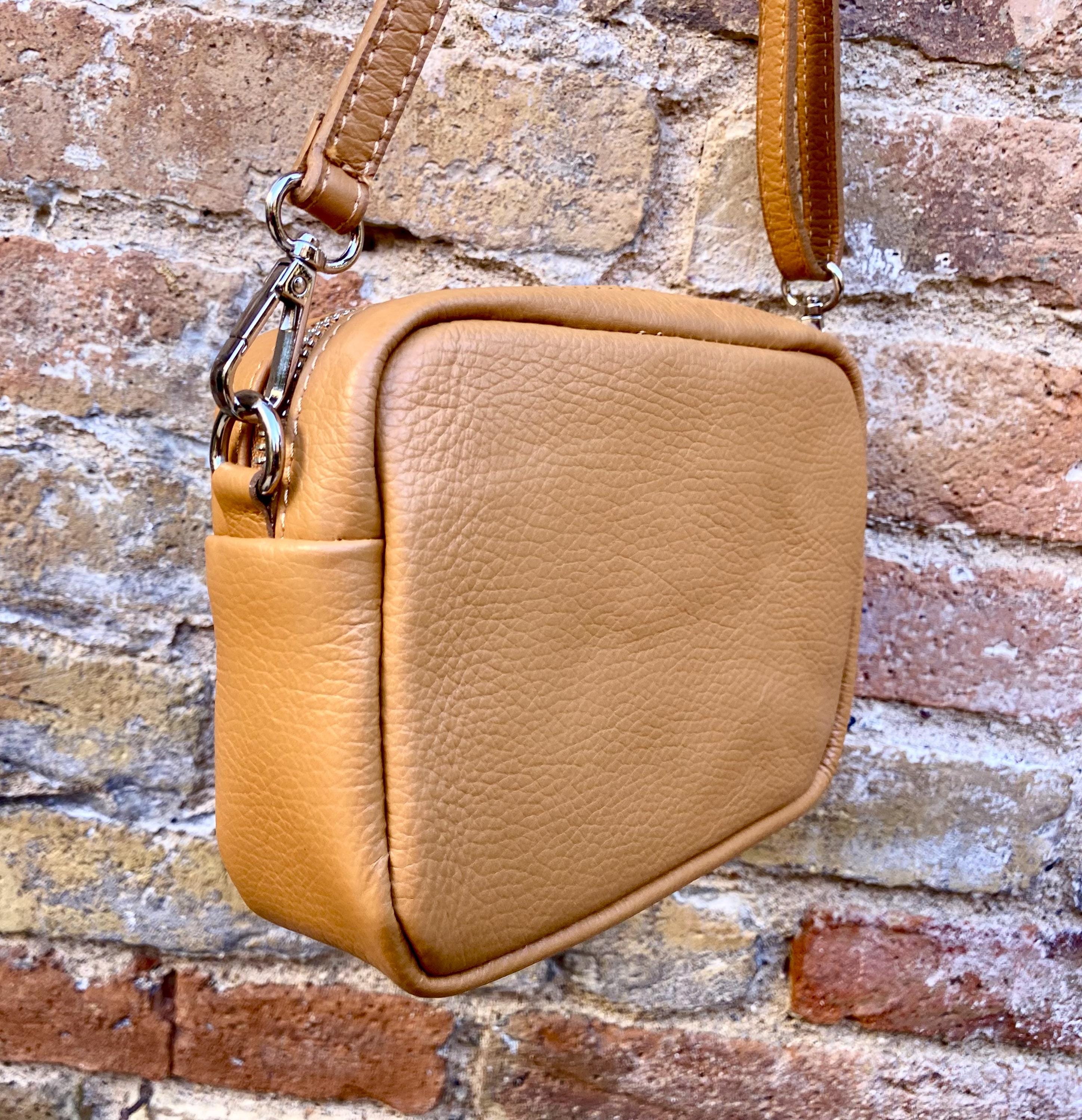 Small leather bag in camel brown. GENUINE leather shoulder / cross body bag. Caramel brown leather purse, adjustable strap + zippers.