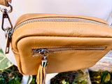 Small leather bag in camel brown. GENUINE leather shoulder / cross body bag. Caramel brown leather purse, adjustable strap + zippers.