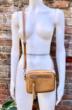 Small leather bag in camel brown. GENUINE leather shoulder / cross body bag. Caramel brown leather purse, adjustable strap + zippers.