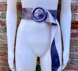 Metallic PURPLE leather waist belt with large round buckle. Soft leather belt. Genuine leather dress belt. Wide mauve waist belt