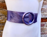 Metallic PURPLE leather waist belt with large round buckle. Soft leather belt. Genuine leather dress belt. Wide mauve waist belt
