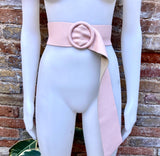 Light pink leather waist belt with large round buckle. Soft leather belt in soft pink. Genuine leather pink dress belt. Pink wide waist belt