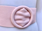 Light pink leather waist belt with large round buckle. Soft leather belt in soft pink. Genuine leather pink dress belt. Pink wide waist belt
