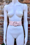 Light pink leather waist belt with large round buckle. Soft leather belt in soft pink. Genuine leather pink dress belt. Pink wide waist belt