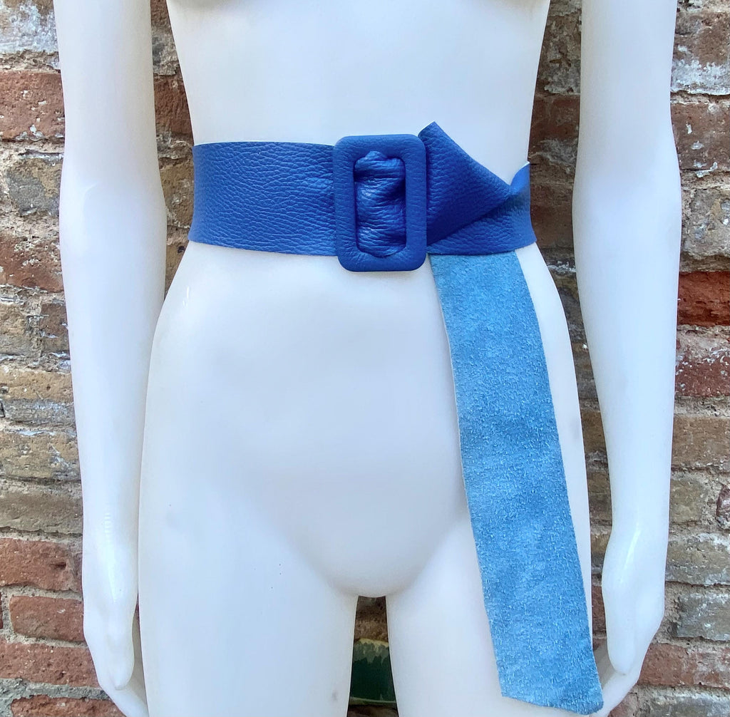 Royal blue leather waist belt with large buckle. Soft leather belt in cobalt. Genuine leather blue dress belt. Wide cobalt blue waist belt