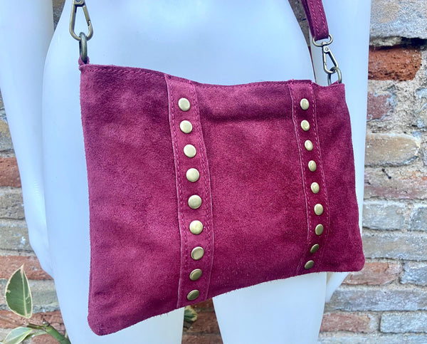 Burgundy suede crossbody.Boho genuine leather bag.Bronze color tacks. Small dark red purse. Wine red flat bag with zipper + adjustable strap