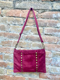 Burgundy suede crossbody.Boho genuine leather bag.Bronze color tacks. Small dark red purse. Wine red flat bag with zipper + adjustable strap