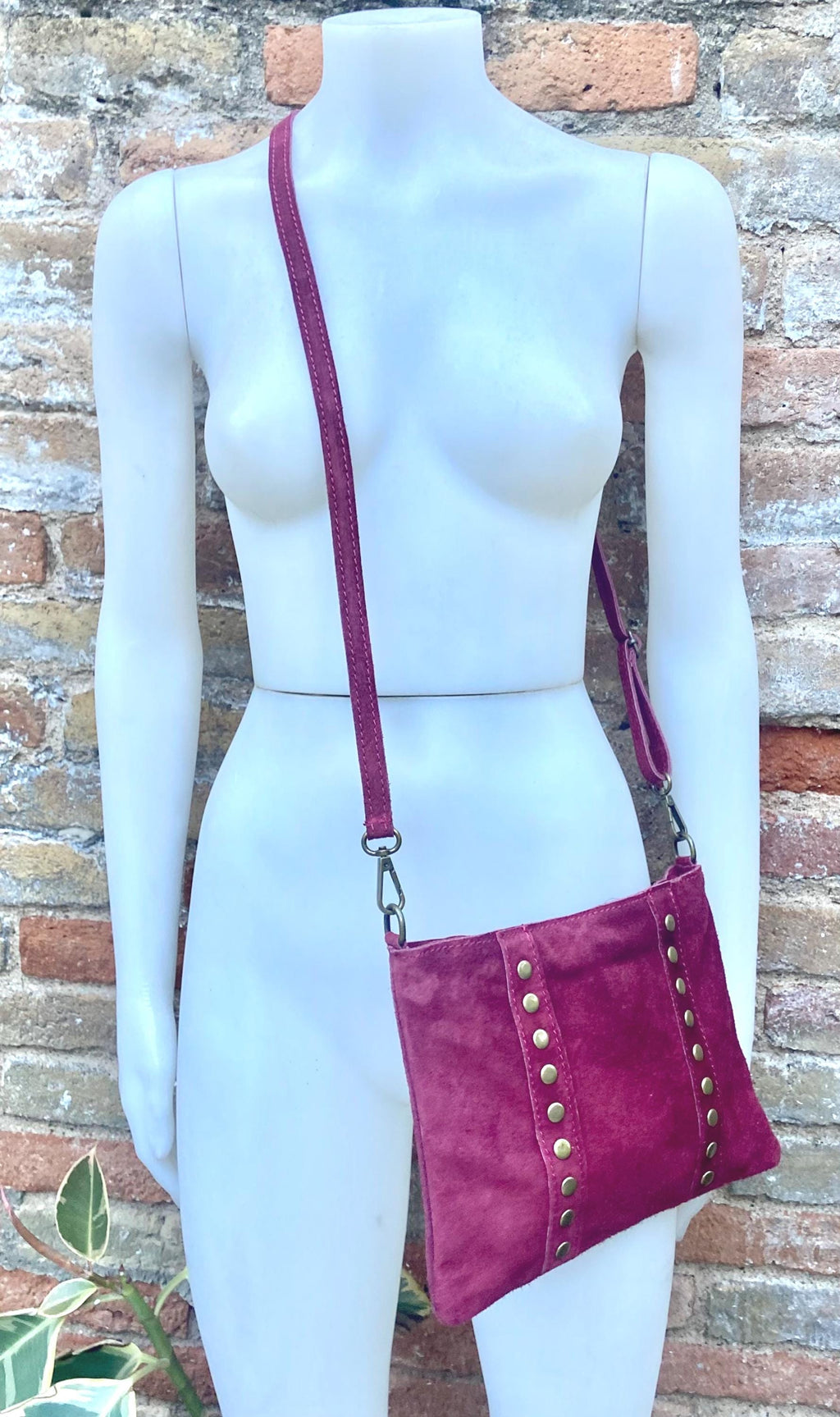 Burgundy suede crossbody.Boho genuine leather bag.Bronze color tacks. Small dark red purse. Wine red flat bag with zipper + adjustable strap