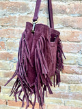 Dark burgundy crossbody fringed bag. Maroon BOHO suede leather bag with FRINGES. Wine red genuine suede leather. Dark red suede purse.