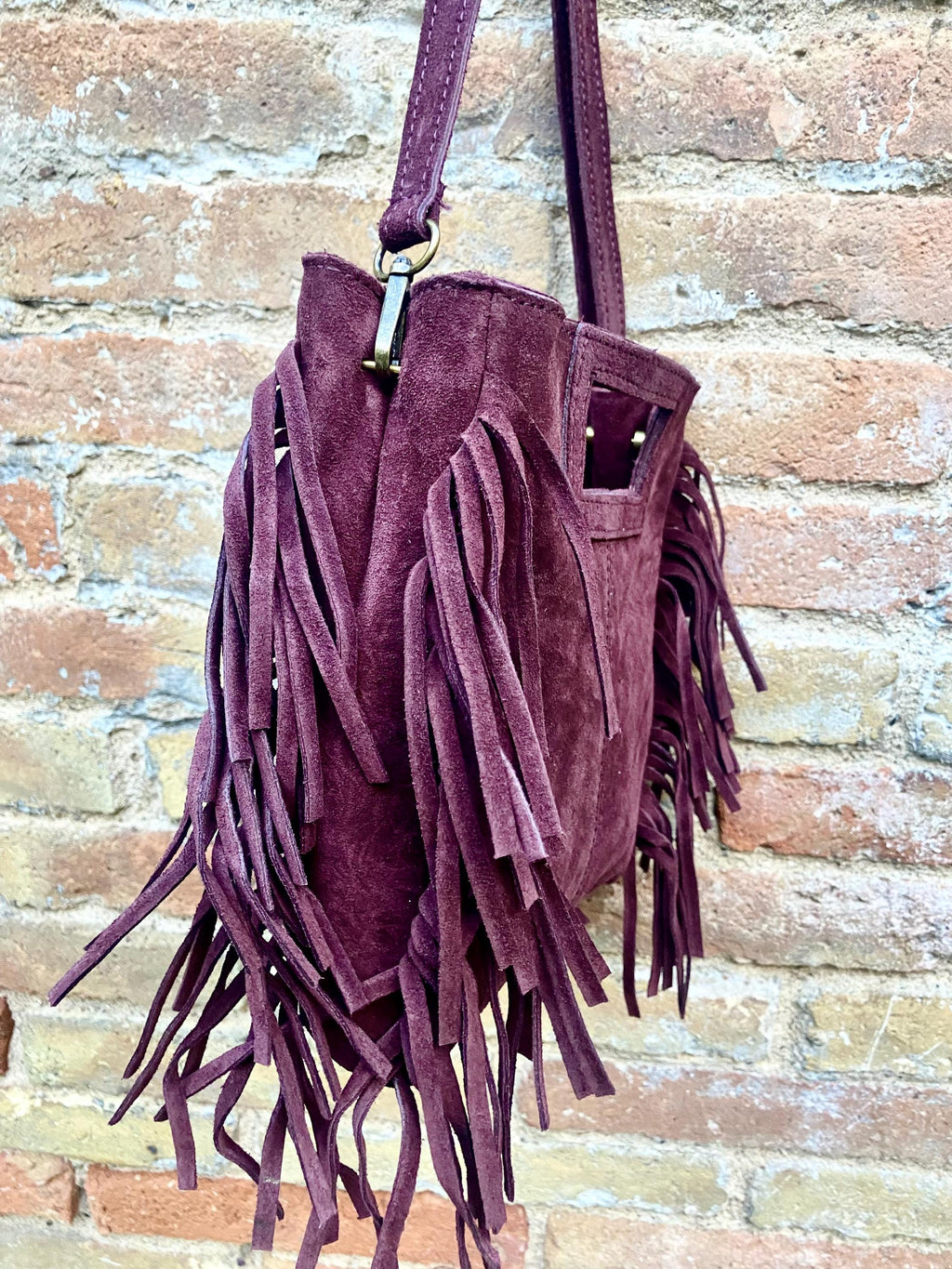 Dark burgundy crossbody fringed bag. Maroon BOHO suede leather bag with FRINGES. Wine red genuine suede leather. Dark red suede purse.