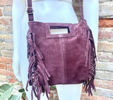 Dark burgundy crossbody fringed bag. Maroon BOHO suede leather bag with FRINGES. Wine red genuine suede leather. Dark red suede purse.