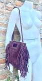 Dark burgundy crossbody fringed bag. Maroon BOHO suede leather bag with FRINGES. Wine red genuine suede leather. Dark red suede purse.