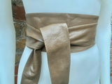 Light KHAKI brown obi belt. Wrap belt in soft genuine leather. Wraparound waist belt. Wide style. Boho wide dress belt in light taupe brown
