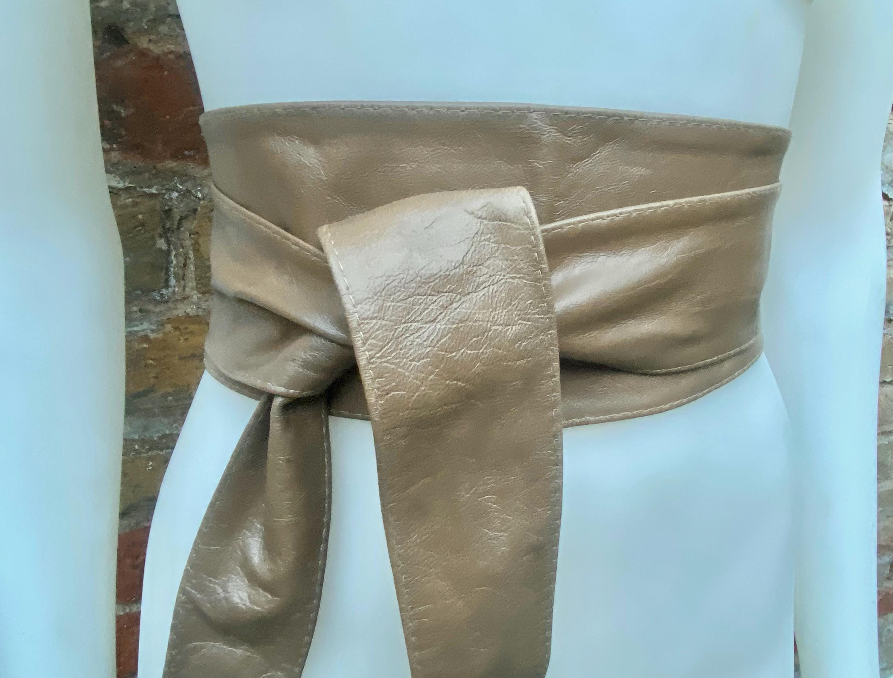 Light KHAKI brown obi belt. Wrap belt in soft genuine leather. Wraparound waist belt. Wide style. Boho wide dress belt in light taupe brown
