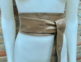 Light KHAKI brown obi belt. Wrap belt in soft genuine leather. Wraparound waist belt. Wide style. Boho wide dress belt in light taupe brown