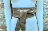Light KHAKI brown obi belt. Wrap belt in soft genuine leather. Wraparound waist belt. Wide style. Boho wide dress belt in light taupe brown