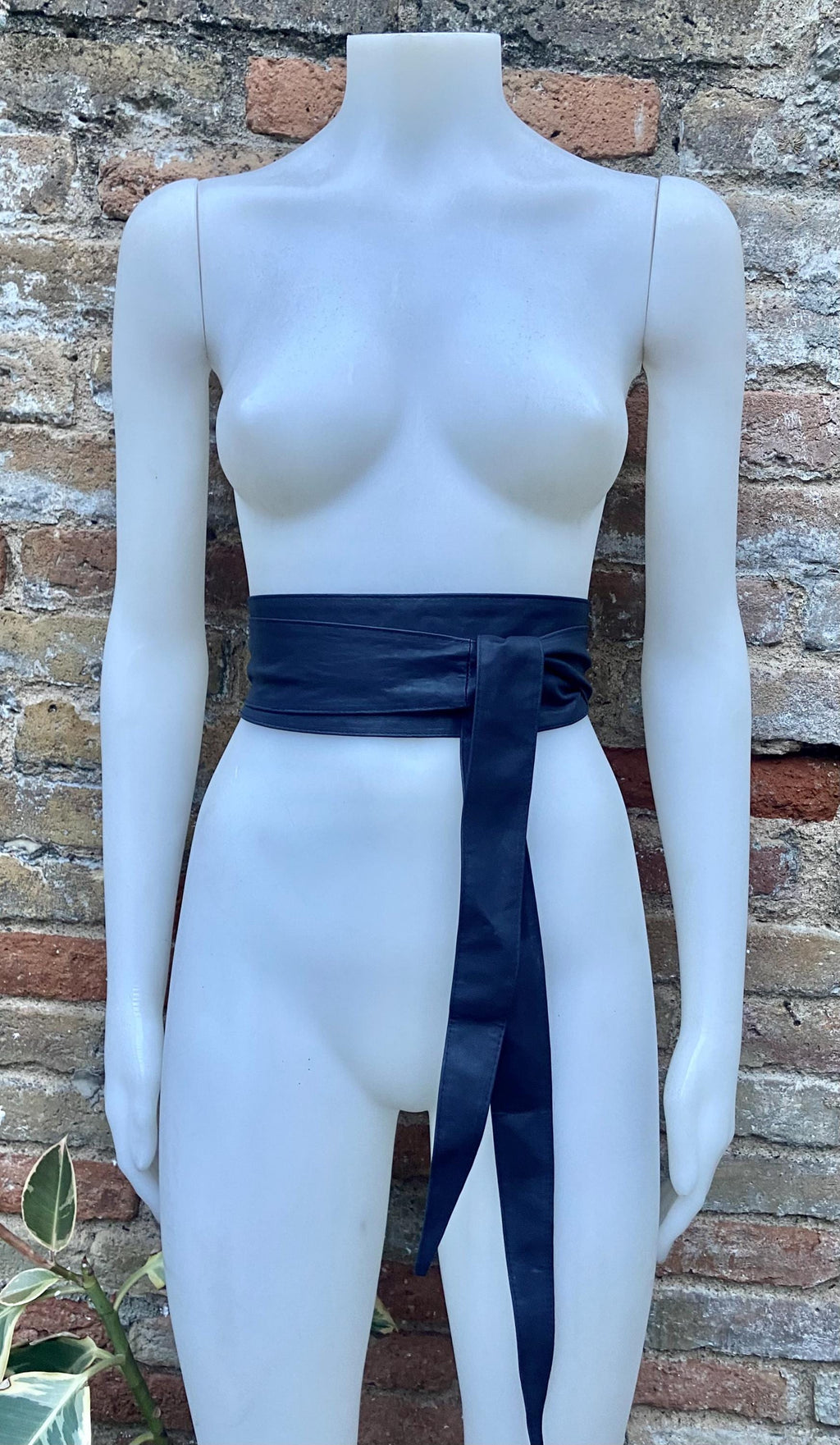 Very dark navy blue obi belt. Wrap belt in MATT soft genuine leather. Wraparound waist belt. Wide style. Dark blue leather dress belt.