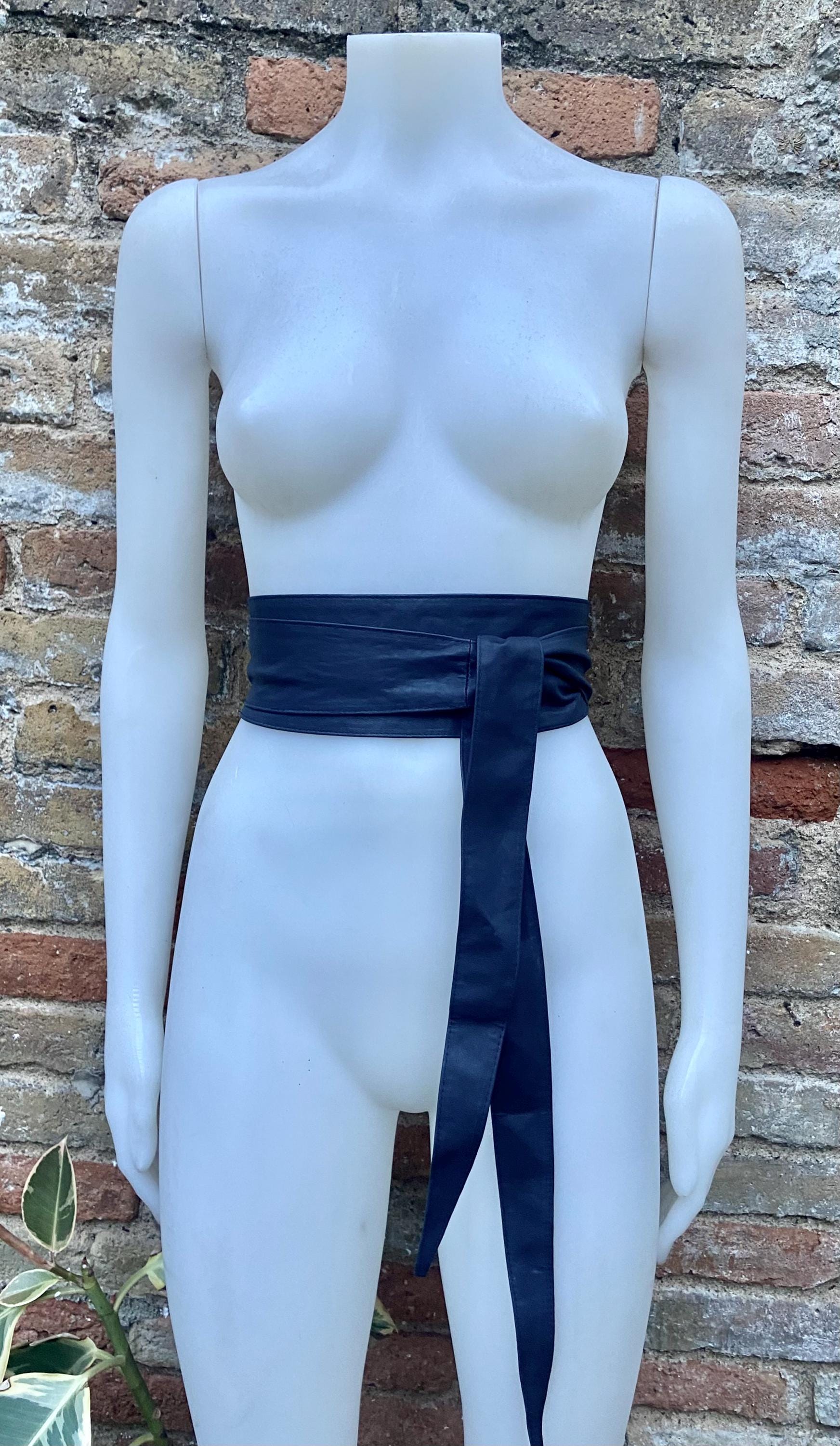 Very dark navy blue obi belt. Wrap belt in MATT soft genuine leather. Wraparound waist belt. Wide style. Dark blue leather dress belt.
