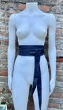 Very dark navy blue obi belt. Wrap belt in MATT soft genuine leather. Wraparound waist belt. Wide style. Dark blue leather dress belt.