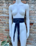 Very dark navy blue obi belt. Wrap belt in MATT soft genuine leather. Wraparound waist belt. Wide style. Dark blue leather dress belt.