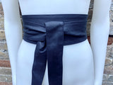 Very dark navy blue obi belt. Wrap belt in MATT soft genuine leather. Wraparound waist belt. Wide style. Dark blue leather dress belt.