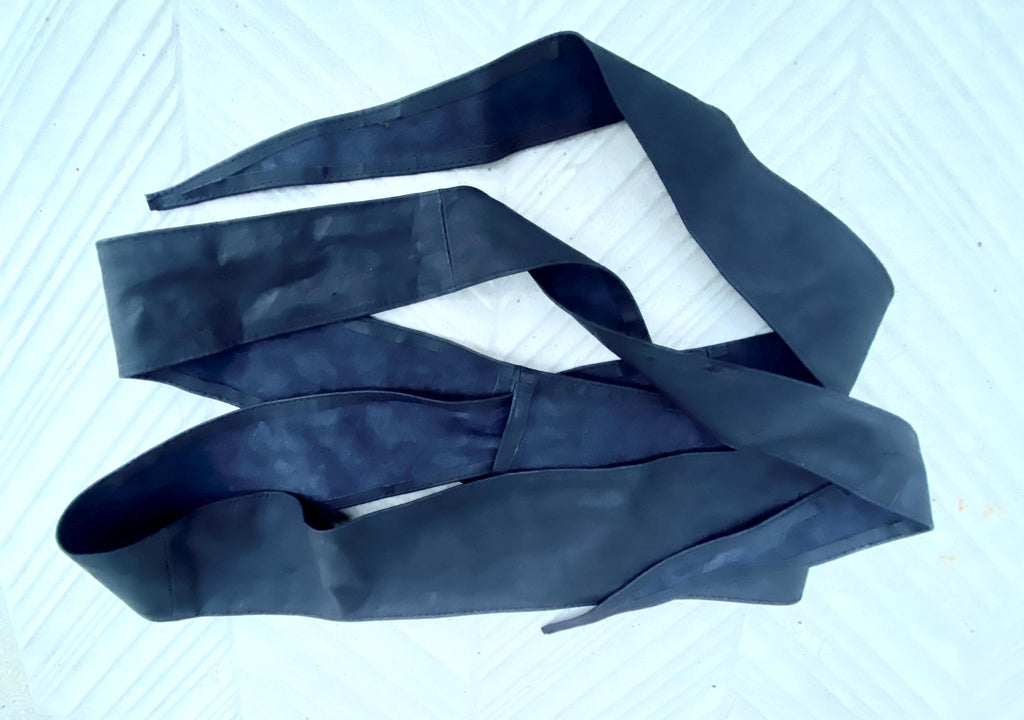 Very dark navy blue obi belt. Wrap belt in MATT soft genuine leather. Wraparound waist belt. Wide style. Dark blue leather dress belt.