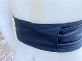 Very dark navy blue obi belt. Wrap belt in MATT soft genuine leather. Wraparound waist belt. Wide style. Dark blue leather dress belt.