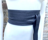 Very dark navy blue obi belt. Wrap belt in MATT soft genuine leather. Wraparound waist belt. Wide style. Dark blue leather dress belt.