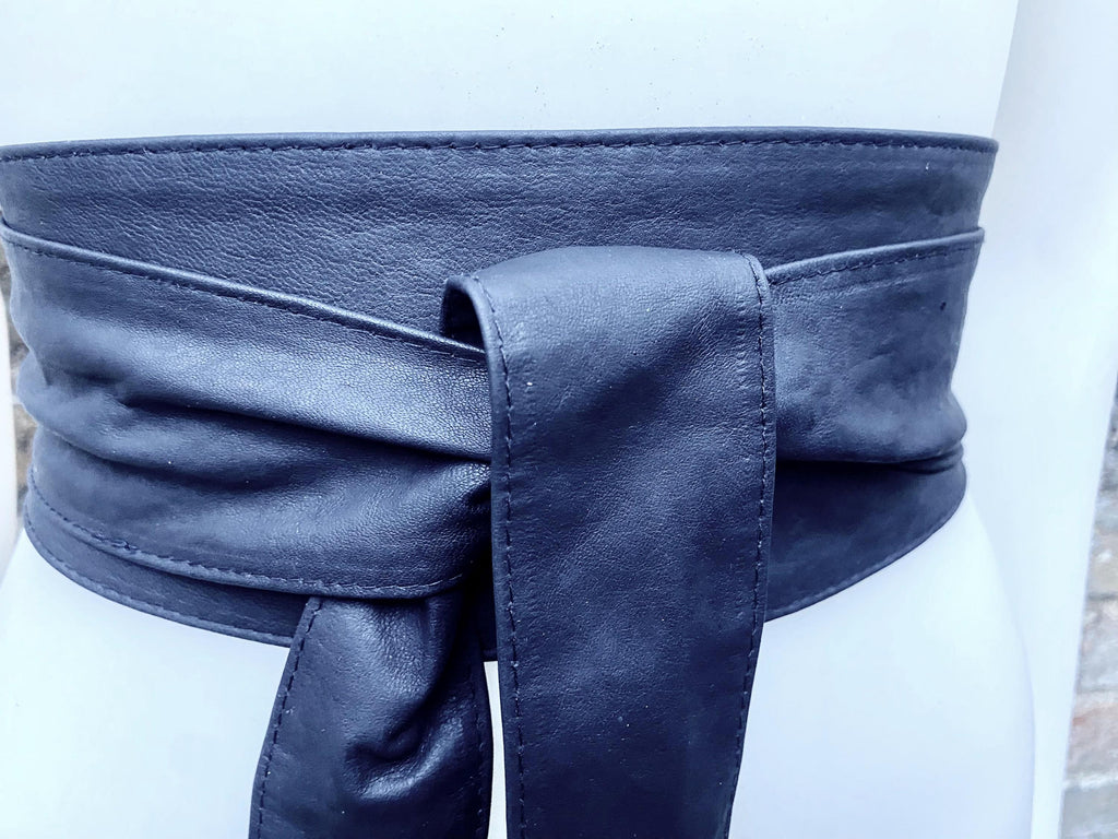 Very dark navy blue obi belt. Wrap belt in MATT soft genuine leather. Wraparound waist belt. Wide style. Dark blue leather dress belt.