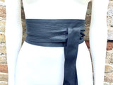 Very dark navy blue obi belt. Wrap belt in MATT soft genuine leather. Wraparound waist belt. Wide style. Dark blue leather dress belt.