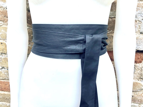 Very dark navy blue obi belt. Wrap belt in MATT soft genuine leather. Wraparound waist belt. Wide style. Dark blue leather dress belt.