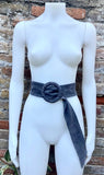 Gray suede waist belt. Large round buckle. Soft suede gray dress belt. Wide boho suede belt. Genuine natural suede leather. Grey wrap belt