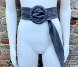 Gray suede waist belt. Large round buckle. Soft suede gray dress belt. Wide boho suede belt. Genuine natural suede leather. Grey wrap belt