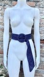 Navy blue suede waist belt with large round buckle. Boho soft suede belt in dark blue. Genuine natural navy blue suede leather