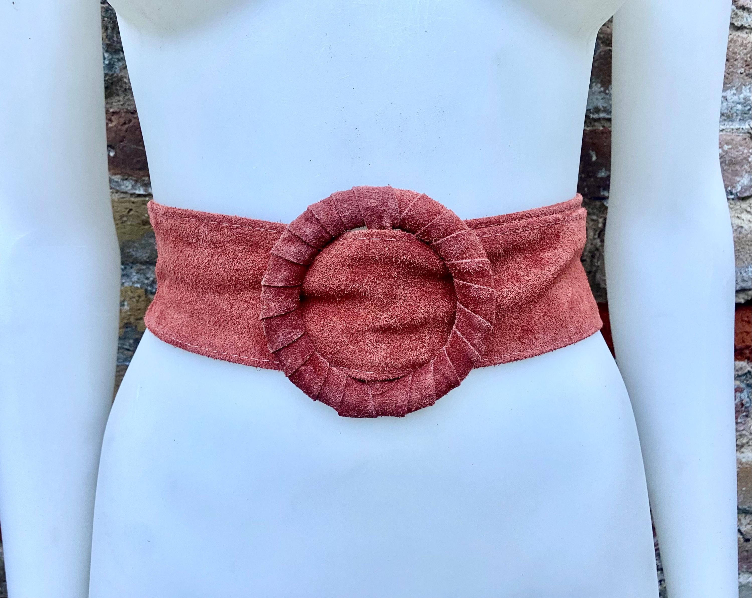 Terracotta orange wide suede waist belt. Large round buckle. Boho soft suede belt in burnt orange. Genuine suede leather. Orange dress belt