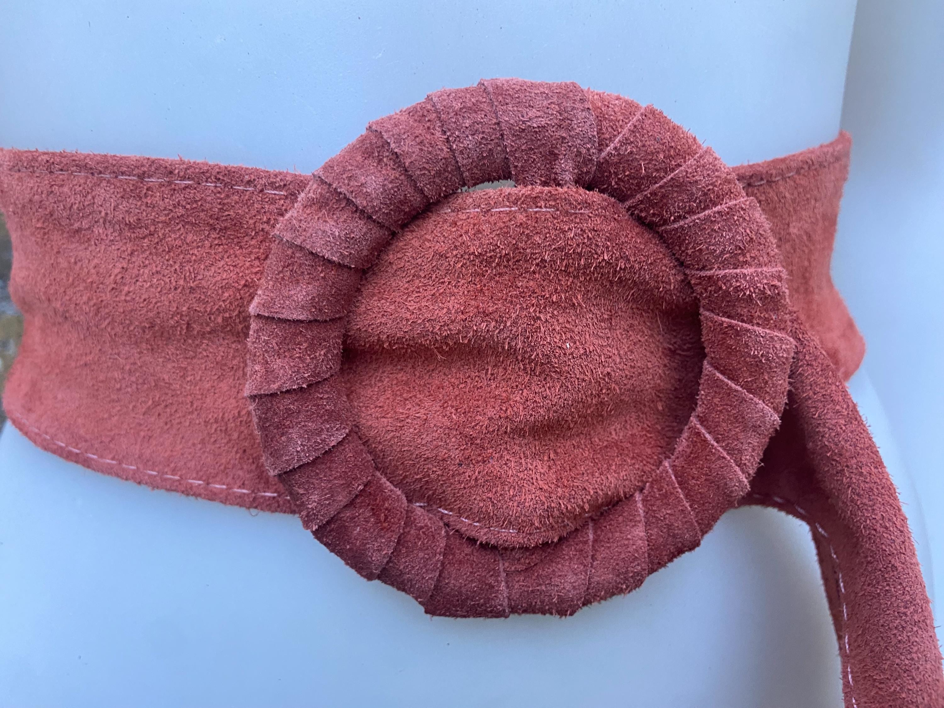Terracotta orange wide suede waist belt. Large round buckle. Boho soft suede belt in burnt orange. Genuine suede leather. Orange dress belt