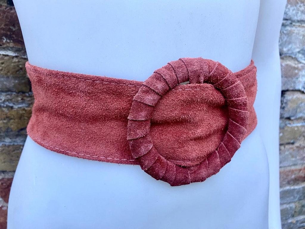 Terracotta orange wide suede waist belt. Large round buckle. Boho soft suede belt in burnt orange. Genuine suede leather. Orange dress belt