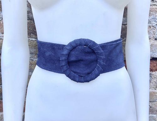 Navy blue suede waist belt with large round buckle. Boho soft suede belt in dark blue. Genuine natural navy blue suede leather