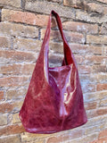 Burgundy slouch bag. Leather bag in wine red with ZIPPER. Soft genuine leather. Dark red glossy leather purse. Wide strap leather shopper.