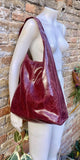 Burgundy slouch bag. Leather bag in wine red with ZIPPER. Soft genuine leather. Dark red glossy leather purse. Wide strap leather shopper.