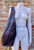 Dark brown slouch bag. Tote leather bag in glossy "distressed" leather with ZIPPER. Chocolate brown genuine leather purse. Wide strap bag.